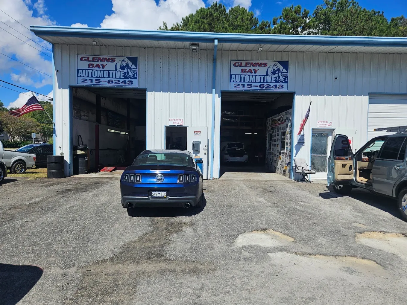The Glenns Bay Automotive shop on Glenns Bay Road with both bays open